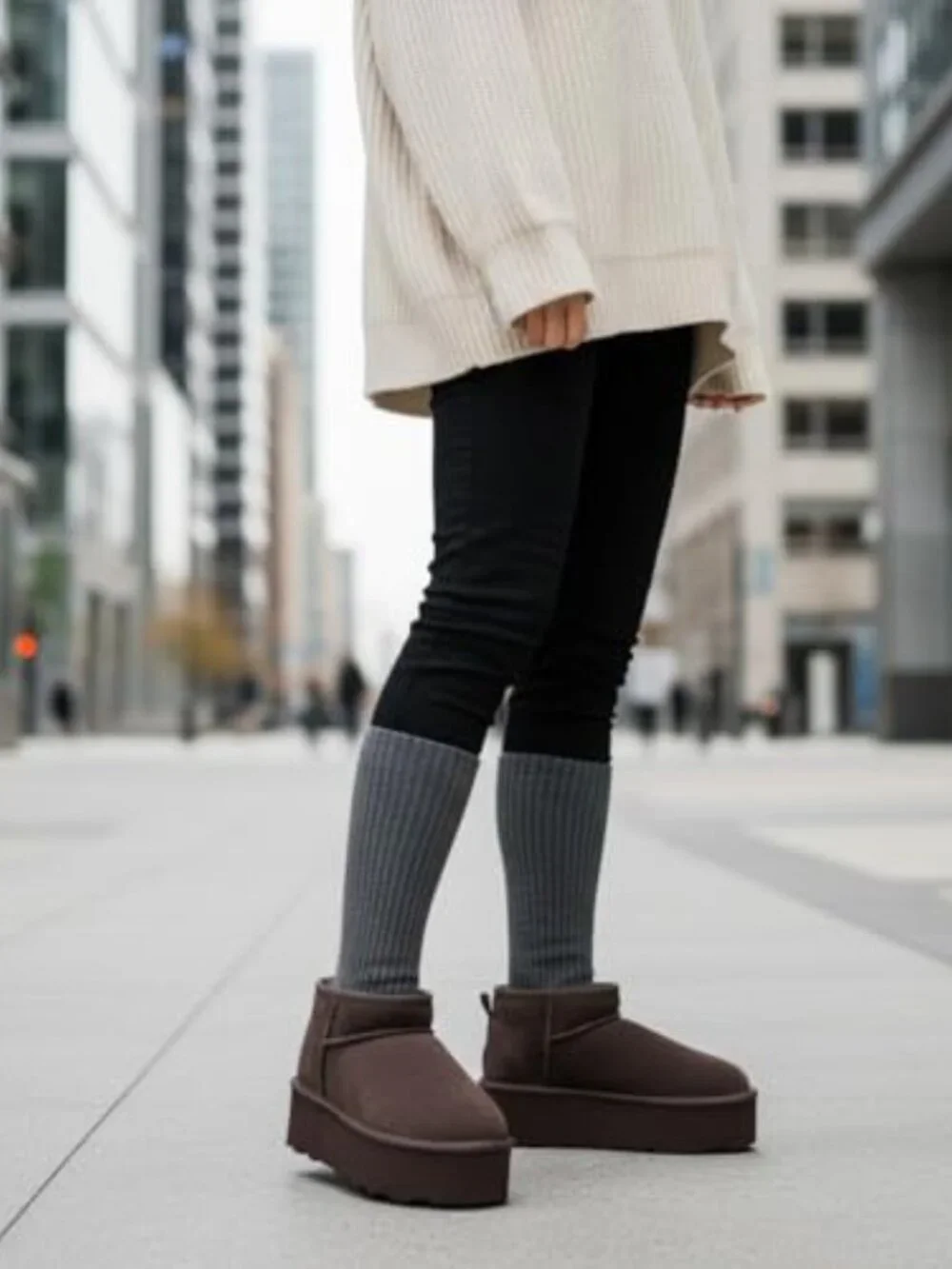 Genuine Suede Platform Ankle Boots with Faux Fur Lining, Slip-On Design